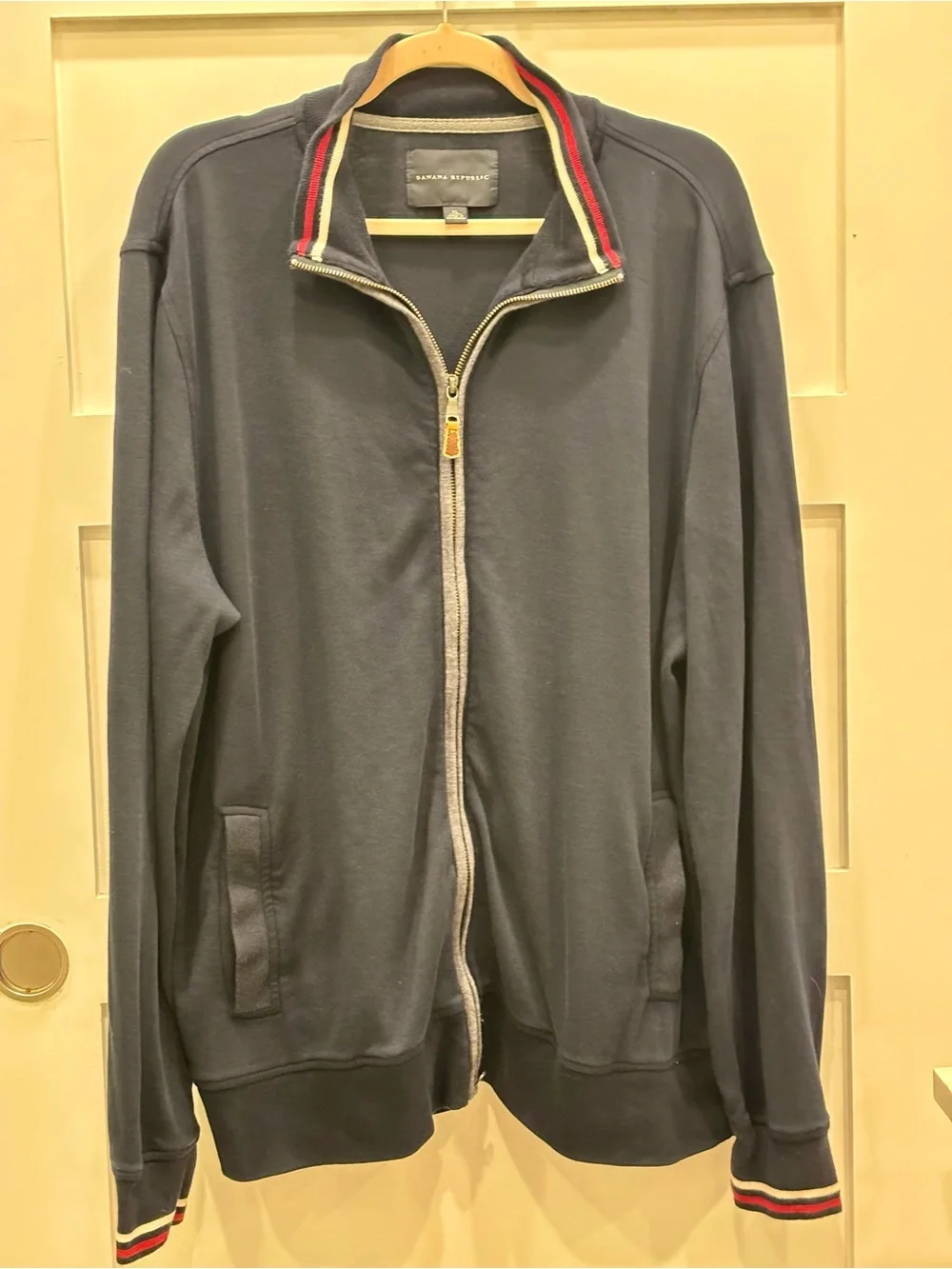 Banana Republic Men’s Navy Zip-Up Sweater Jacket with Red & White Trim